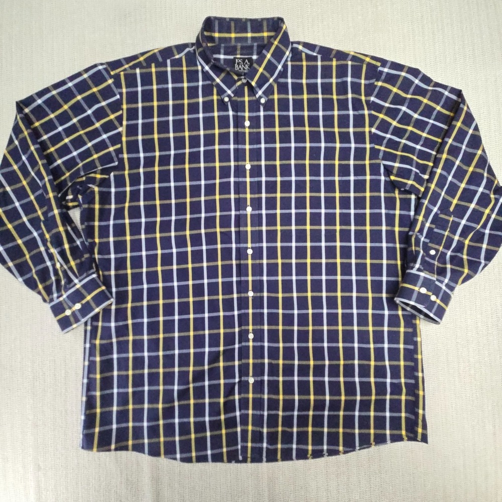 Jos A Bank Shirt Mens XL Blue Check Button Up Down Traveler Tailored Fit